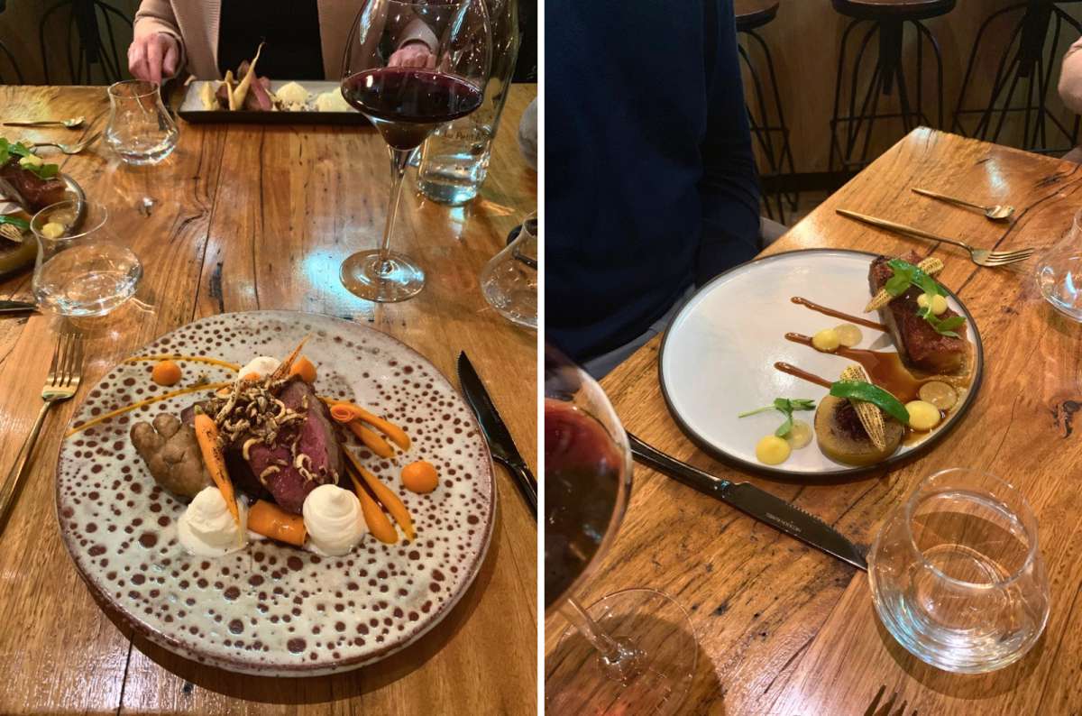 Fine dining dishes at La Petite Colombe restaurant in Franschhoek, South Africa, featuring gourmet meat courses with artistic plating