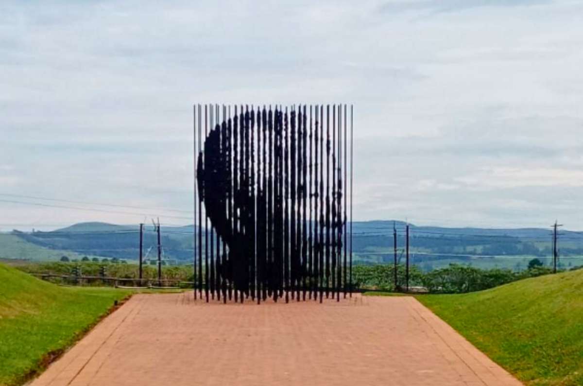 Nelson Mandela Capture Site sculpture near Howick, KwaZulu-Natal, South Africa, with portrait formed by vertical steel columns