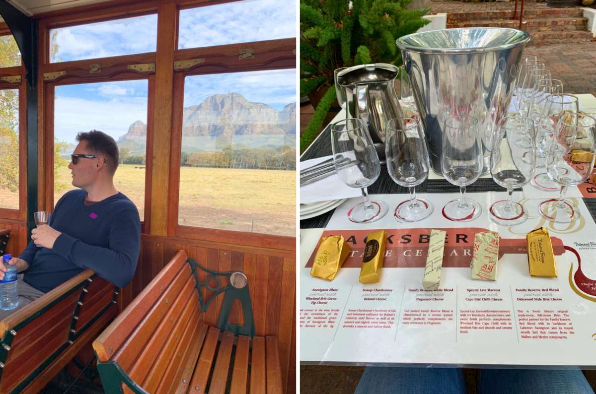 Wine tasting setup at a vineyard in Franschhoek near Cape Town, South Africa, with glasses and food pairing, photo by Next Level of Travel  