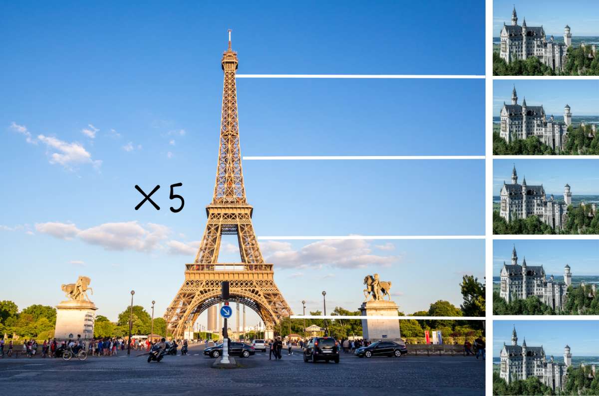 A comparison photo of the size of the Eiffel Tower and Neuschwanstein