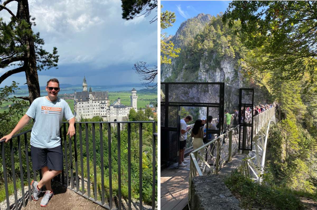 A tousit posing in front of the Nuschwanstein from Marienbrücke, a photo of tourists waiting to take their picture at Marienbrücke, Germany