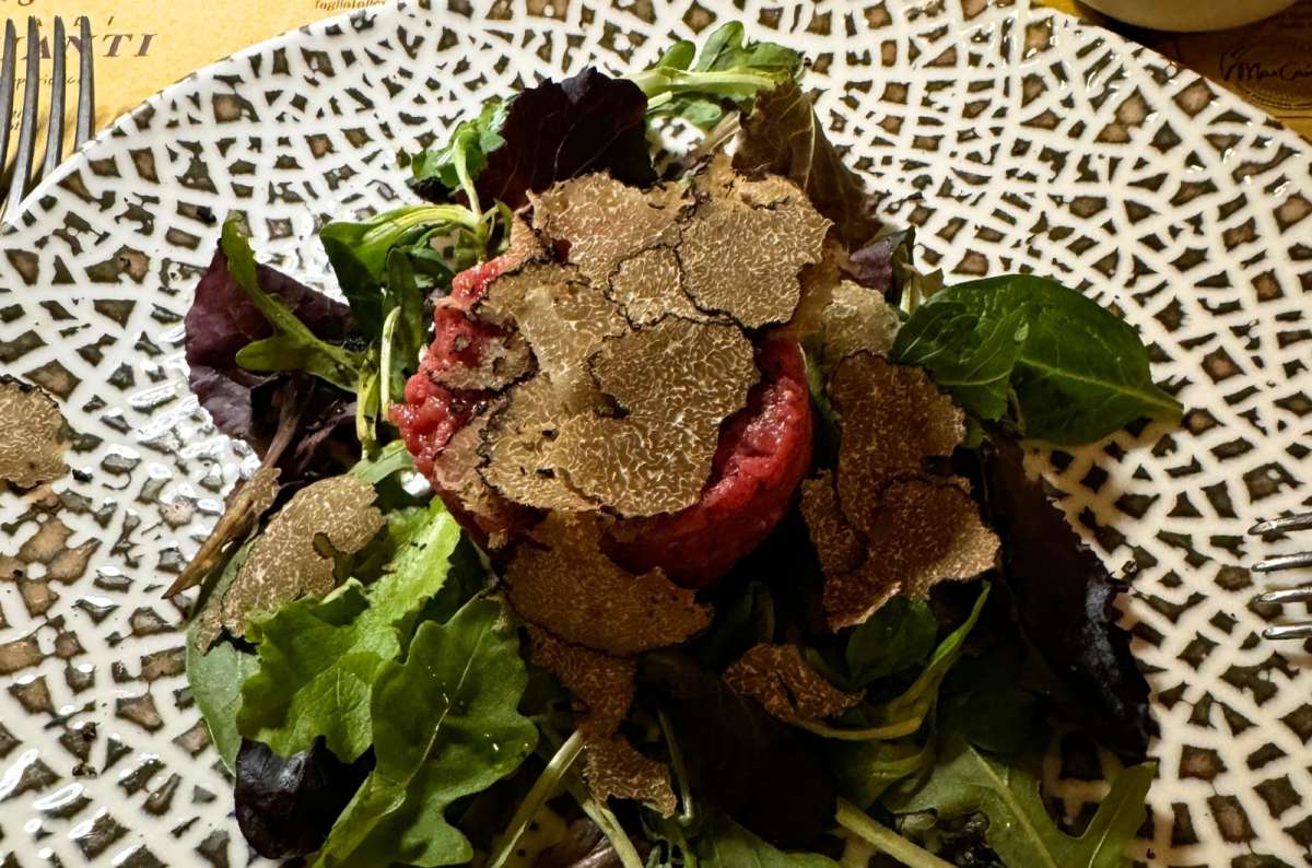 dish of beef tartare topped with shaved black truffles, served on a bed of mixed greens and presented on a patterned ceramic plate, Italy, photo by Next Level of Travel