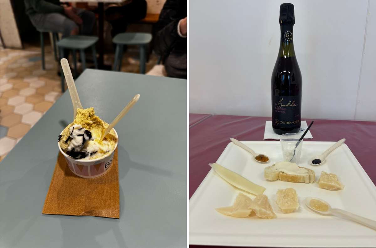 Italian gelato and a plate of cheeses with sauces and a bottle of Lambrusco wine, Italy, photo by Next Level of Travel