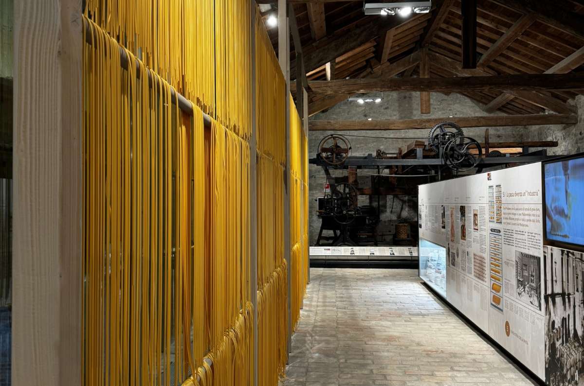 Pasta strands hanging in a museum exhibit with historical displays and old machiner, Parma, Italy, photo by Next Level of Travel