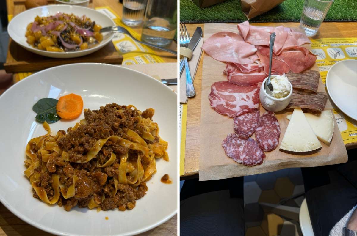 Two Italian meals – one with pasta dishes and the other with a platter of meats and cheeses, Italy, photo by Next Level of Travel