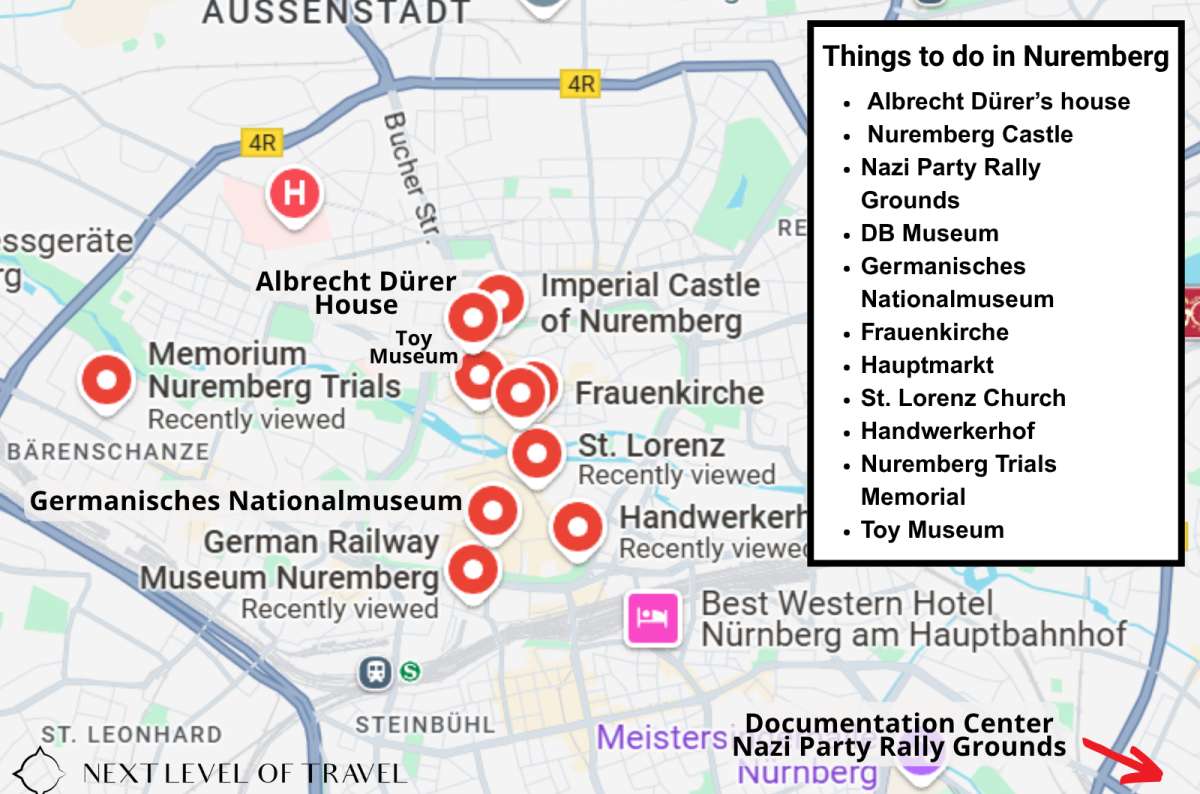 A tourist map of Nuremberg highlighting major attractions such as the Imperial Castle, Nuremberg Trials Memorial, and other top sights, created by Next Level of Travel