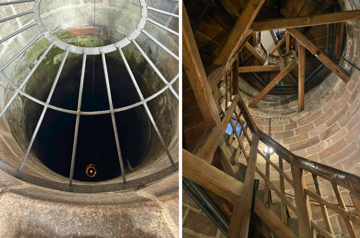 A view down the Deep Well at Nuremberg Castle and an interior shot of the Sinwell Tower with its wooden spiral staircase, Germany, photo by Next Level of Travel