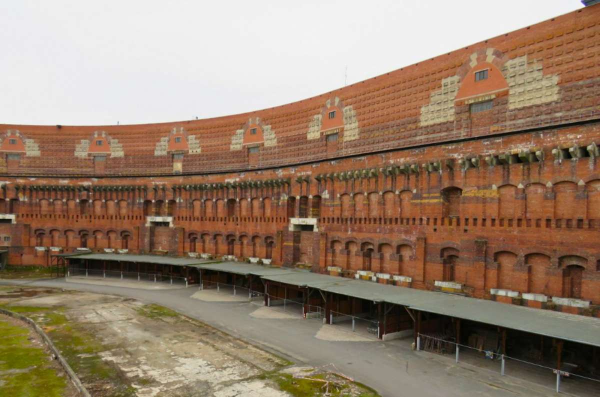 A view of the unfinished Congress Hall in Nuremberg, Germany—an enormous red brick structure built by the Nazis as part of the rally grounds