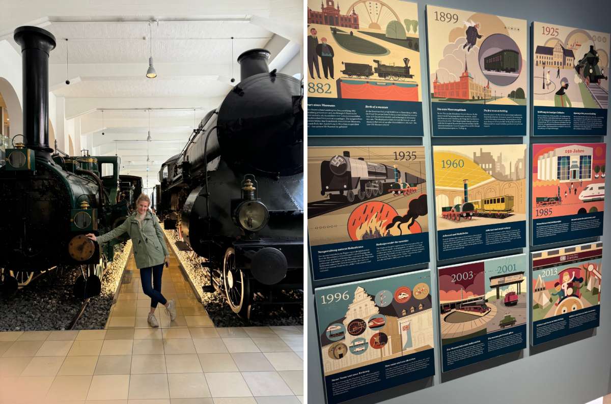 A woman posing between two historic steam locomotives inside a German Railway Museum, one of the best things to do in Nuremberg, photo by Next Level of Travel