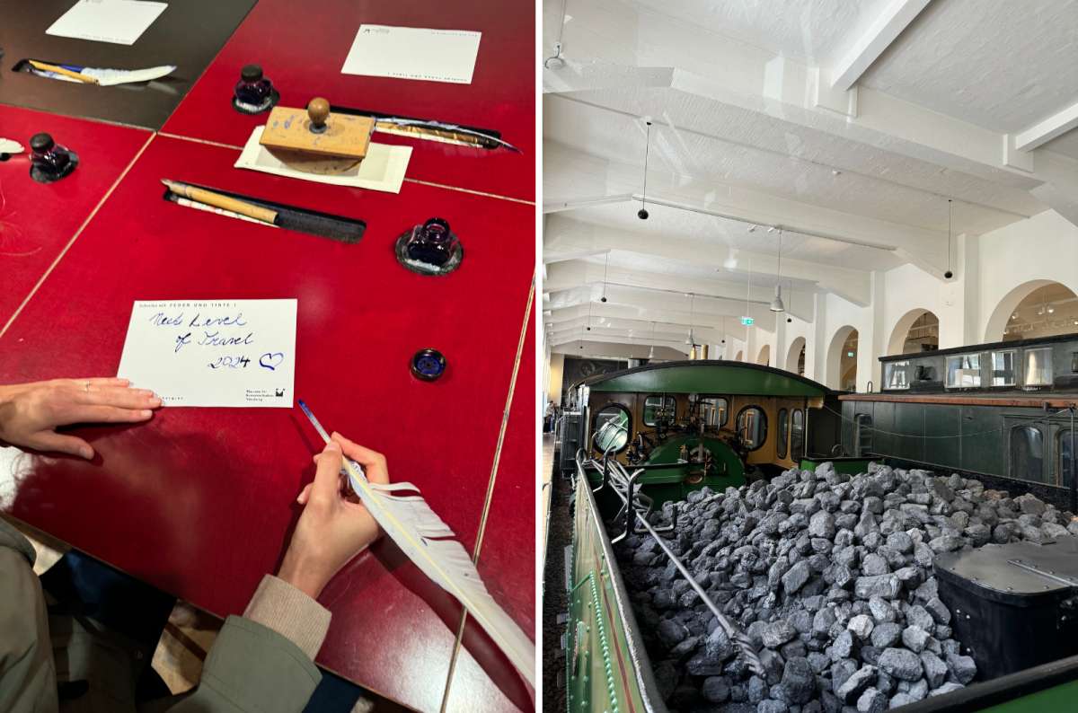 Left: A woman writing with a quill and ink at German Railway Museum Right: A historic green steam locomotive on display in the Nuremberg Train Museum, photo by Next Level of Travel