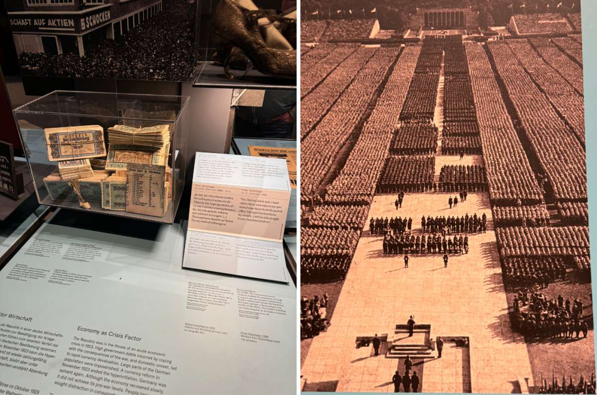 Left: Display of hyperinflation-era German banknotes. Right: Nazi Party rally at the Zeppelin Field in Nuremberg, Germany, top things to see in Nuremberg, photo by Next Level of Travel