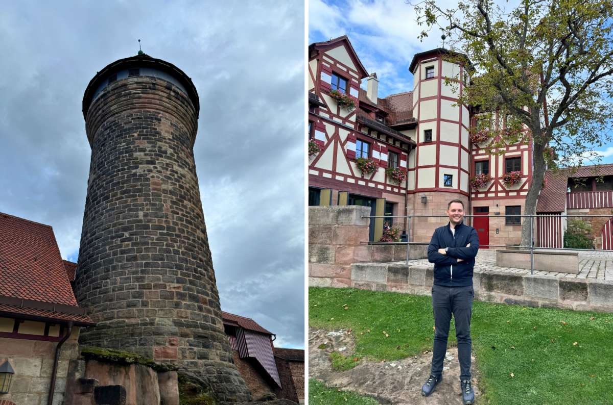 The Sinwell Tower, part of Nuremberg’s Imperial Castle and a tourist smiling in front of a traditional half-timbered building with red and white façades, Germany, photo by Next Level of Travel