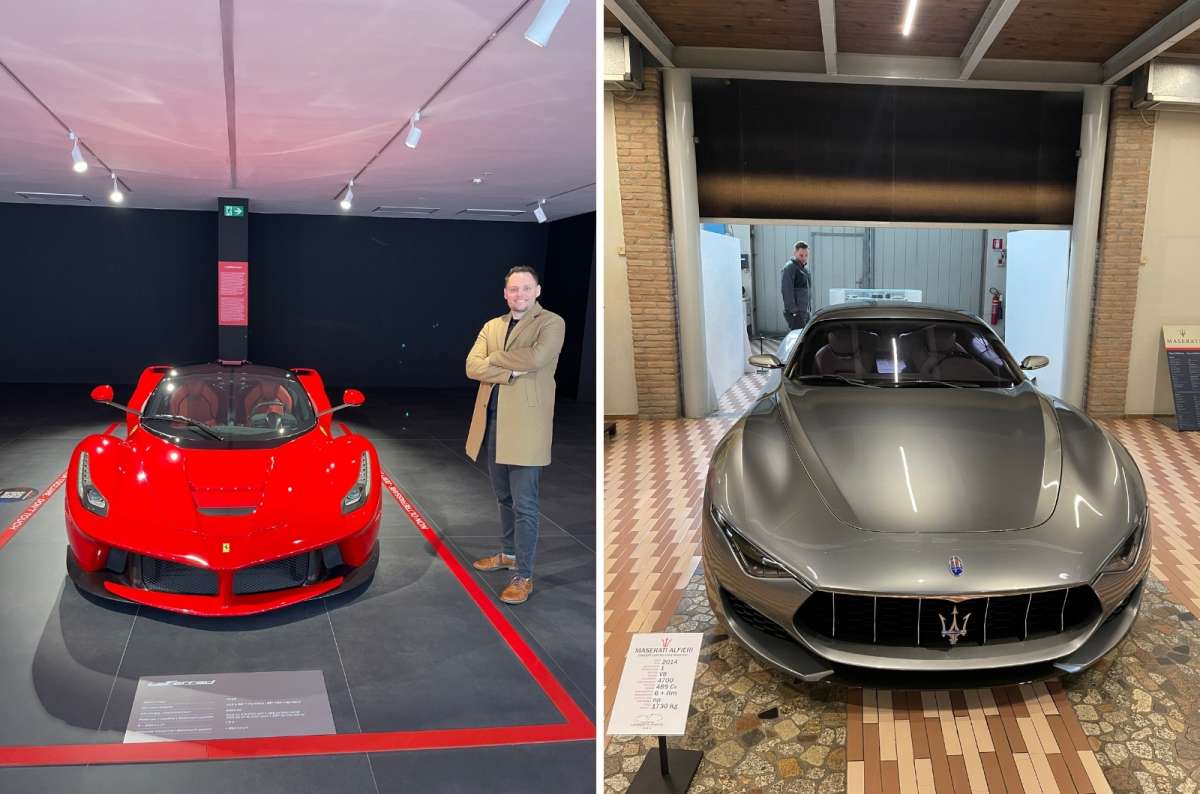 A couple excitedly admiring the cars at the Modena Ferrari Maranello, photo by Next Level of Travel