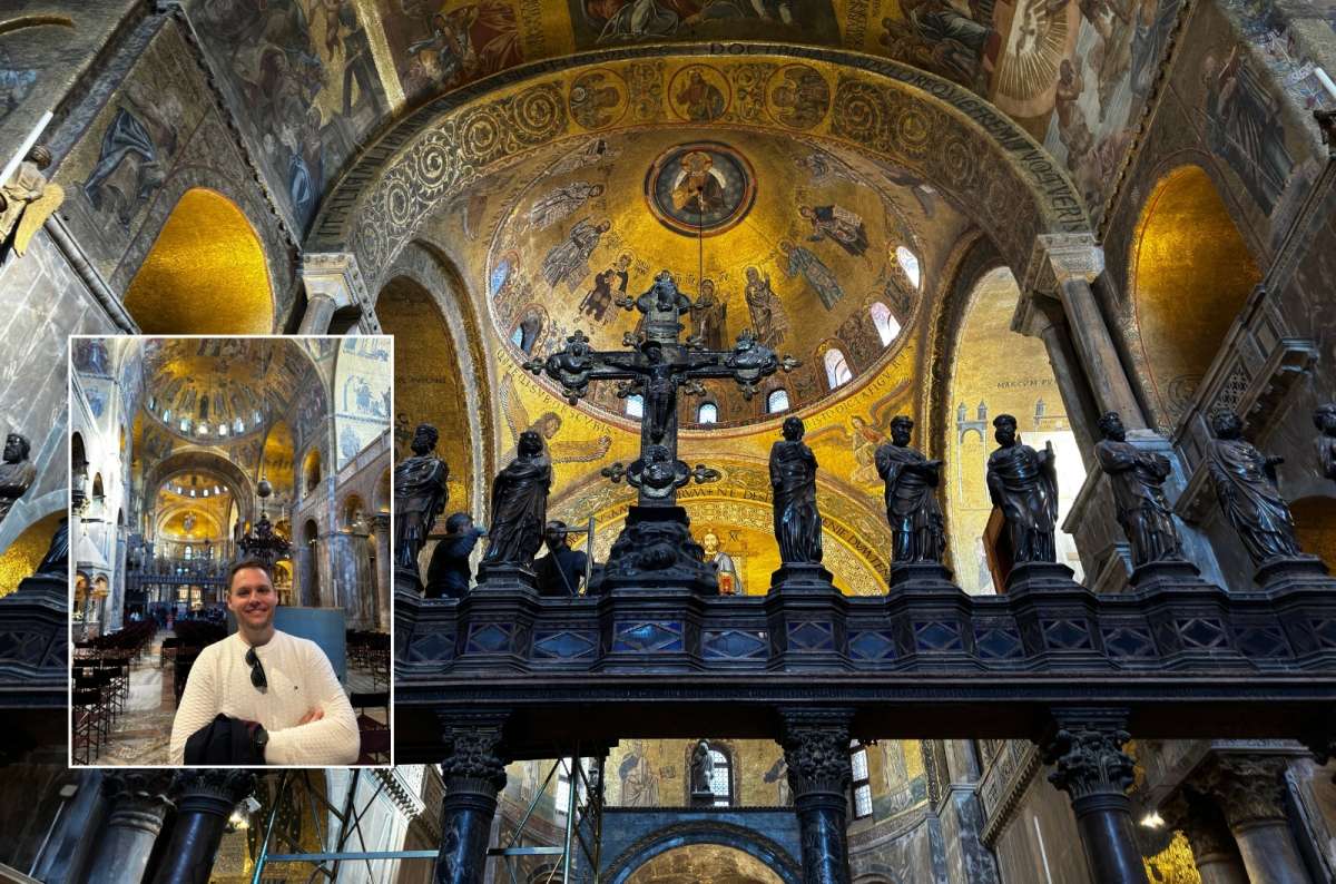 a photo from the Venezia St Mark’s Basilica with a smaller photo of a tourist inside smiling happily, Italy, photo by Next Level of Travel