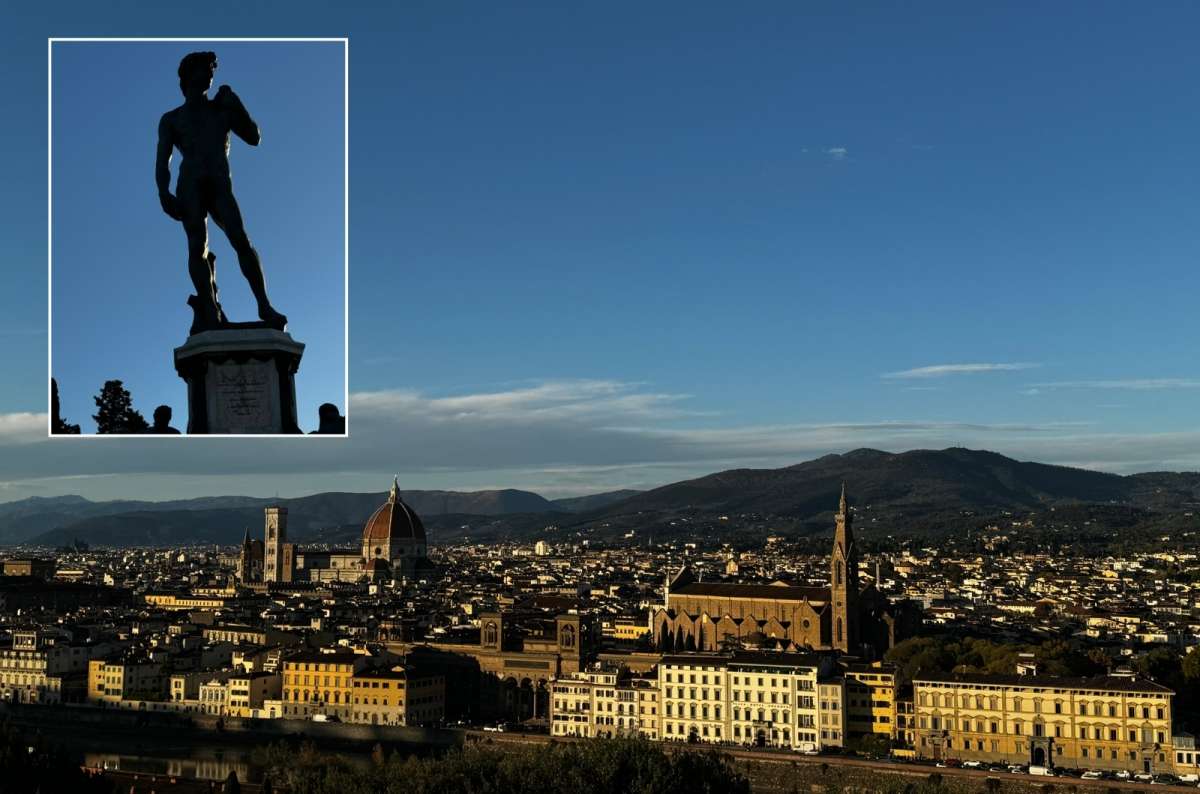a photo of Florence and the scenery from afar, inserted is a photo of the bronze replica of the statue of David, Florence, Italy, photo by Next Level of Travel