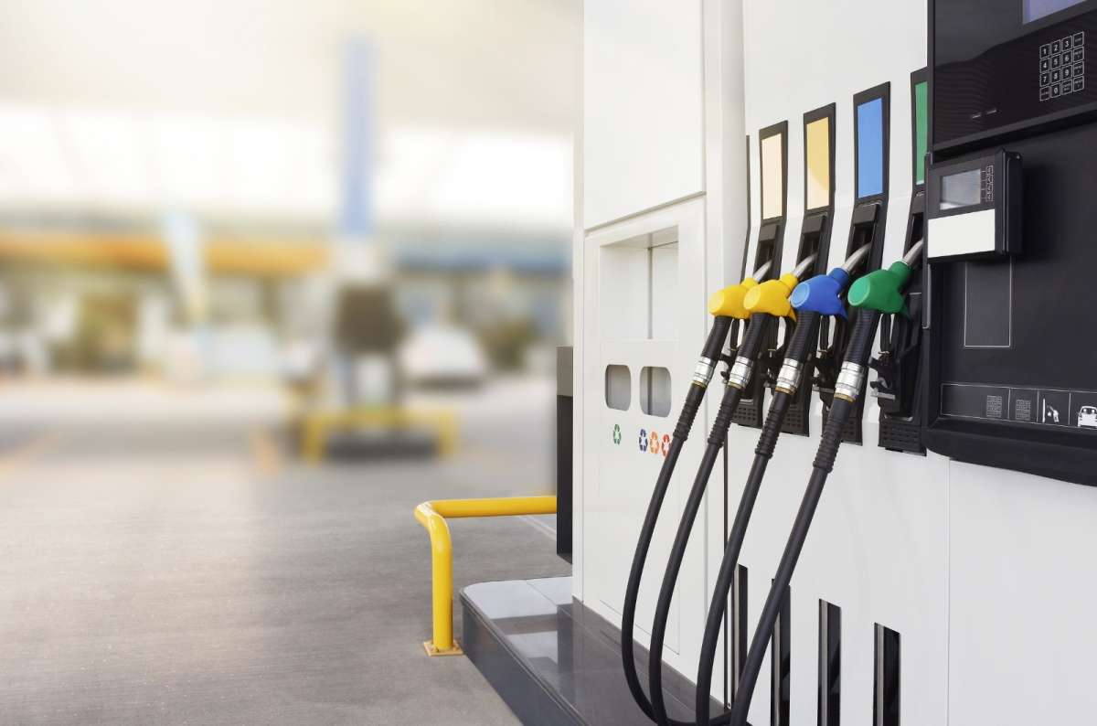 A photo of the gas pumps at a gas station