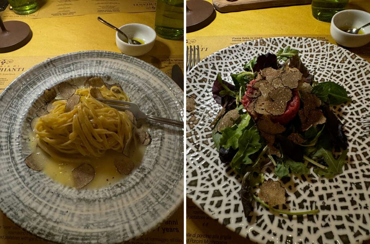 A photo of two traditionally Italian meals with truffle on top, Italy, photo by Next Level of Travel