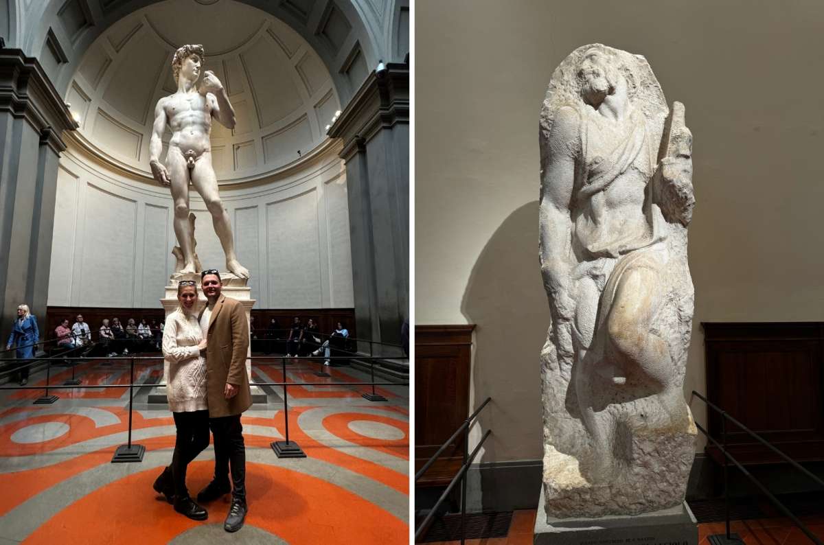 a tourist couple posing in front of the statue of David at Galleria dell’Accademia di Firenze, Italy, Photo by Next Level of Travel