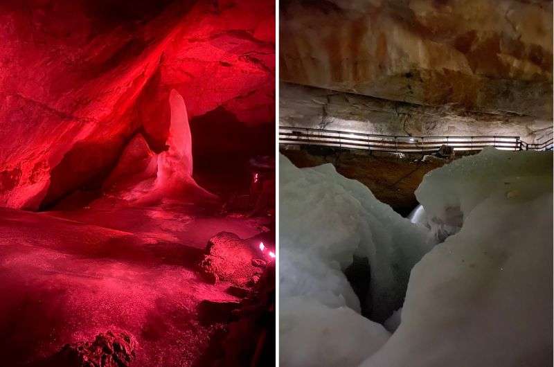 colourfully illuminated ice structures in Dachstein Giant Ice Cave, Austria, photo by Next level of travel