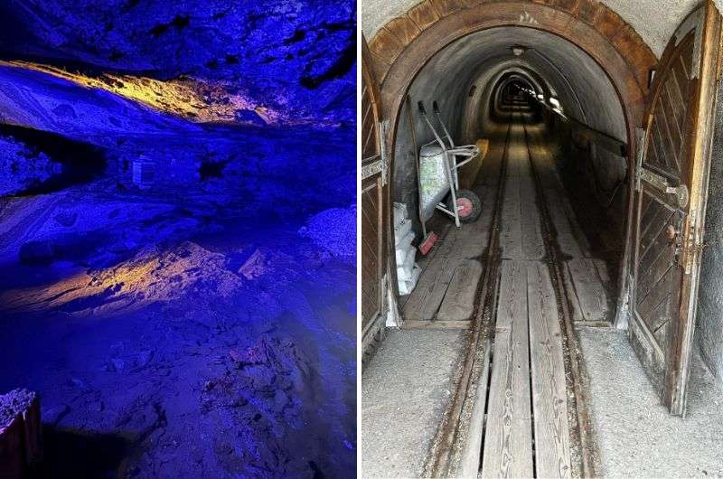 Underground salt lake in Hallstatt illuminated in blue light, and the wooden tunnel entrance at Altaussee Salt Mine with old tools and tracks, Austria