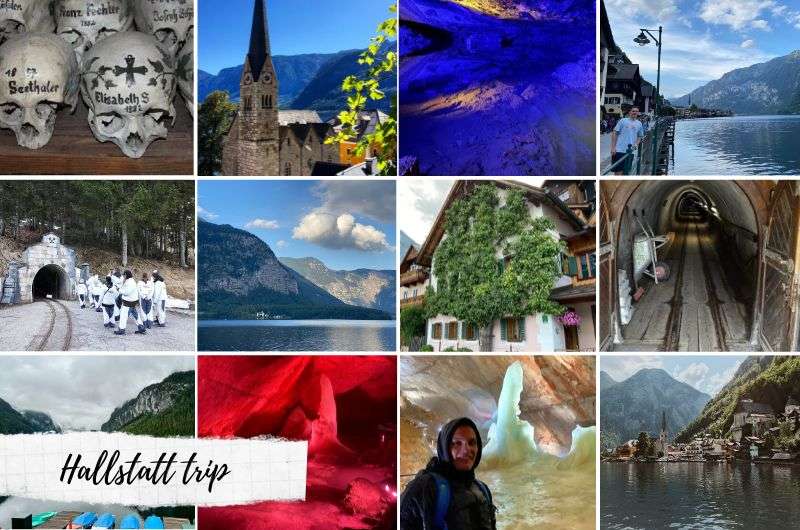 A collage of photos from a Hallstatt trip, featuring scenic lake views, the iconic church, salt mines, ice caves, painted skulls, and charming village streets, Austria