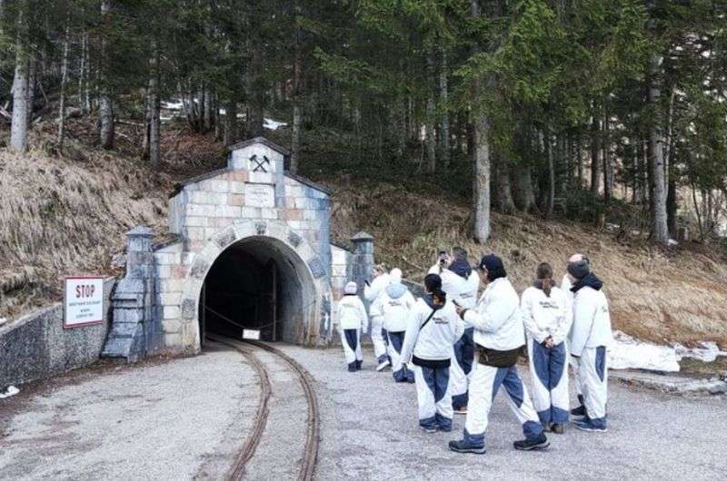 A group of tourists in matching white and blue protective suits walk toward the entrance of a historic salt mine tunnel surrounded by forest near Hallstatt, Austria