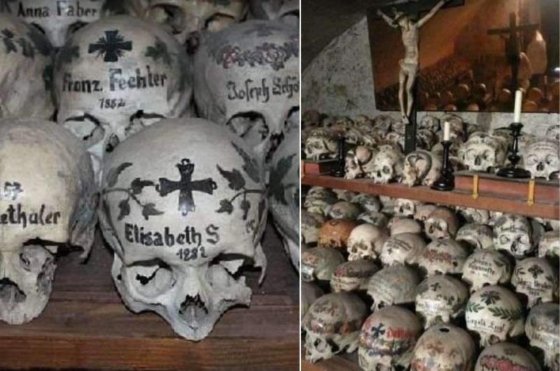Close-up of painted human skulls in the Hallstatt Ossuary, Austria travel blog