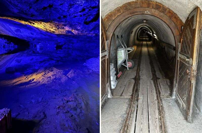 Lit-up salt chamber with reflective pool in Hallstatt mine, narrow tunnel with wooden tracks and wheelbarrow, what to see in Hallstatt, Austria