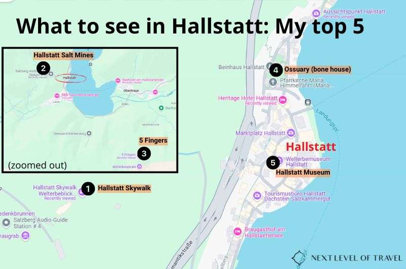 Map of what to do in Hallstatt, Austria, map by Next Level of Travel