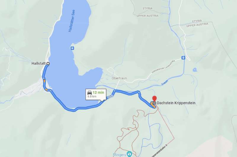 Map, route, Hallstatt Dachstein  Description: Route from Hallstatt to Krippenstein Ski Resort parking