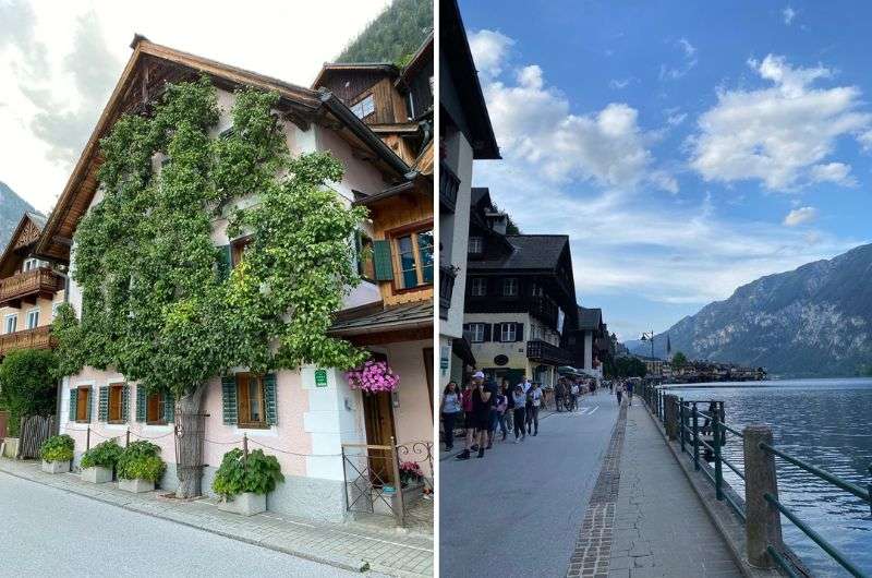 pink house with flat-trained tree in Hallstatt, quiet lakeside promenade with mountain views in Hallstatt, Austria, photo by Next level of travel