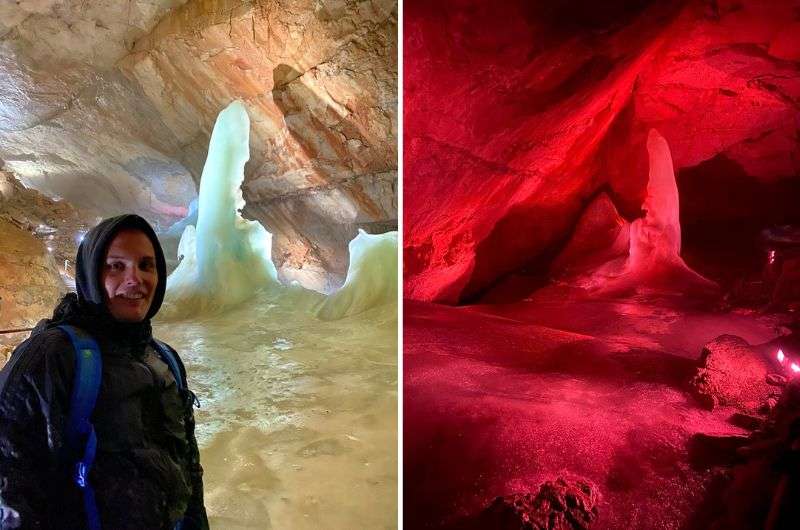 traveler inside Dachstein Ice Cave, with dramatic natural ice formations behind them and a glowing red-lit cave, places to see from Hallstatt, Austria, photo by Next level of travel