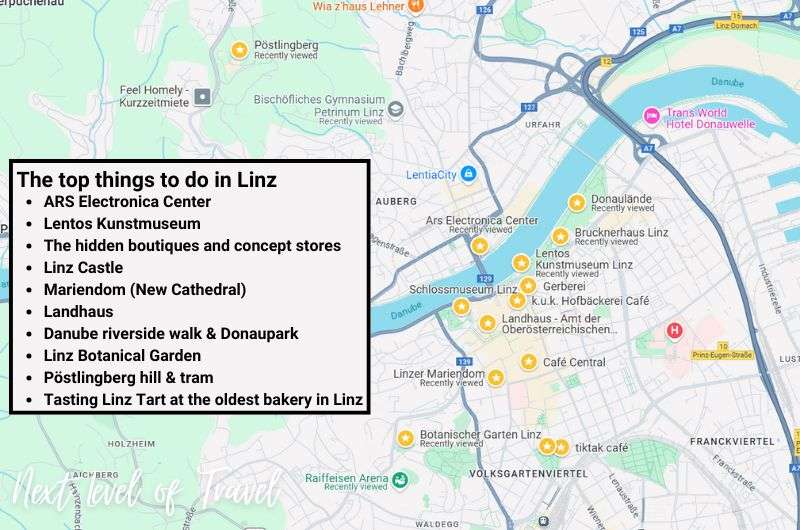A map pinpointing the top things to do in Linza, Austria, including a list of top places, map by Next Level of Travel