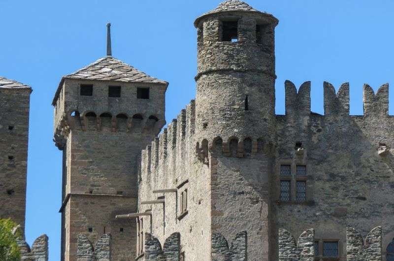 Detail of the towers of Fenis Castle, Aosta Valley best attractions