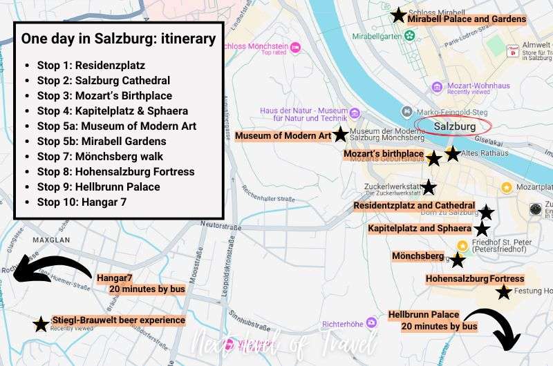 Map showing order of stops during a day exploring in Salzburg, Austria, map by Next Level of Travel