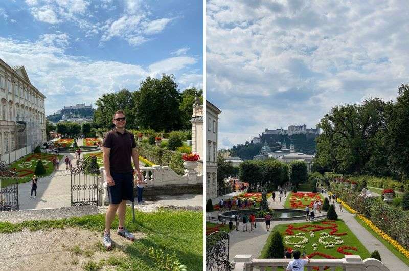Mirabell Palace and Gardens in Salzburg, with colorful flower beds leading toward Hohensalzburg Fortress in the background, Austria, photo by Next level of travel