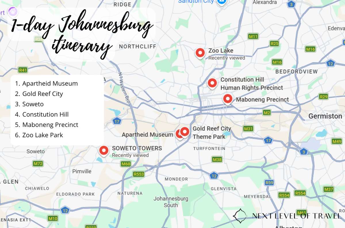 Map of 1 day Johannesburg itinerary showing Apartheid Museum, Gold Reef City, Soweto, Constitution Hill, Maboneng Precinct, created by Next Level of Travel