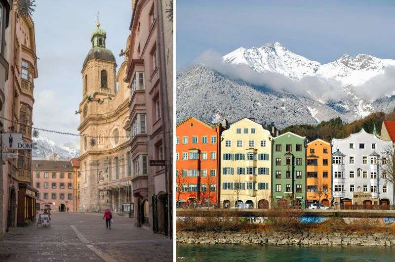 A quiet street in Innsbruck’s Old Town with a historic cathedral, and a view of colorful riverside houses with snowy mountains, Austria