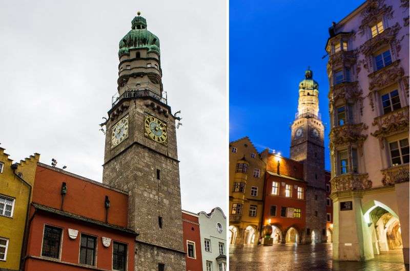 Innsbruck’s historic Town Tower, shown during the day and illuminated at night, surrounded by colorful medieval buildings, Austria