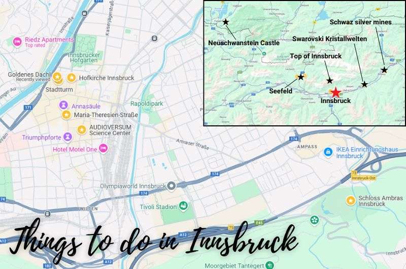 Map showing locations of things to do in Innsbruck Austria and map of day trips, map by Next Level of Travel