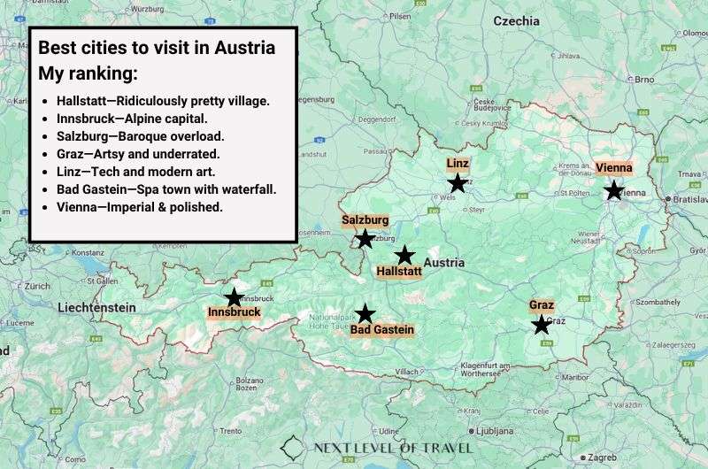 Map highlighting the best cities to visit in Austria based on Next Level of Travel’s ranking