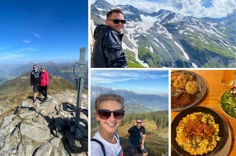 Collage of hikers in the Austrian Alps and traditional Austrian food, photo by Next level of travel