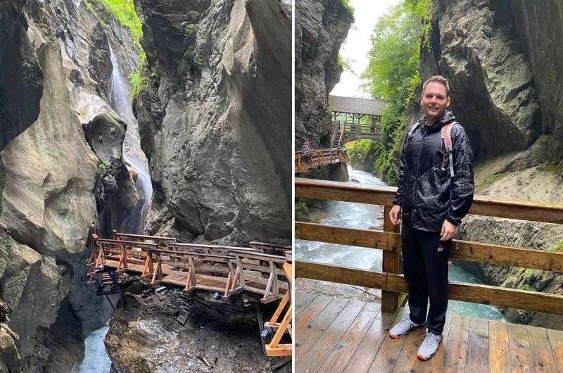 Tourist on the wooden walkway at Sigmund Thun Gorge Waterfall near Zell am See, Austria, photo by Next Level of Travel