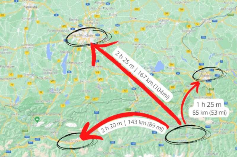 Travel Map, Zell am See, Salzburg, Innsbruck, Munich