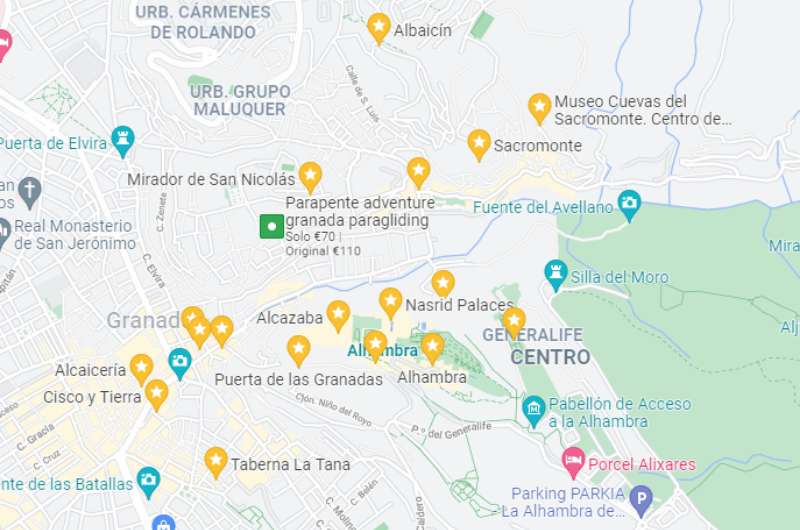 A map of the top things to do in Granada Spain 