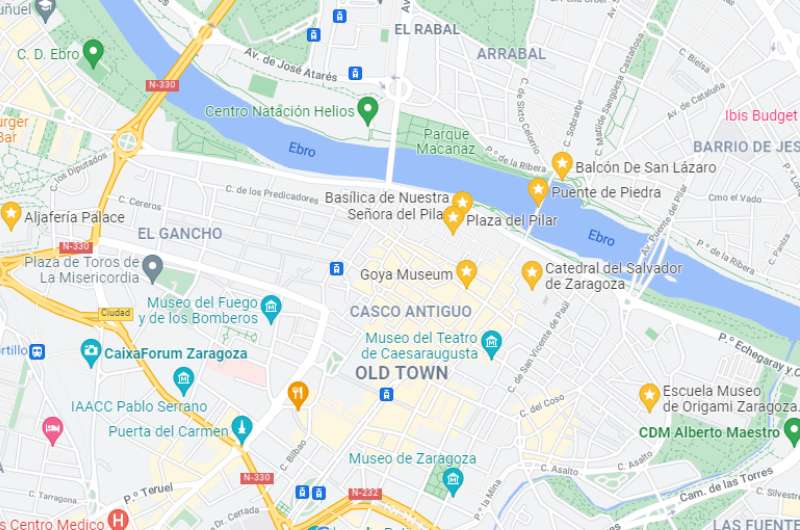 Map of Zaragoza's highlights, Spain