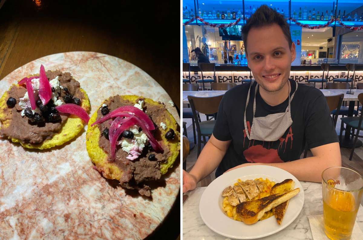 a collage of photos of a torusit enjoying dinner in Mexico, and a photo of Mexican tacos, Mexico, photo by Next Level of Travel