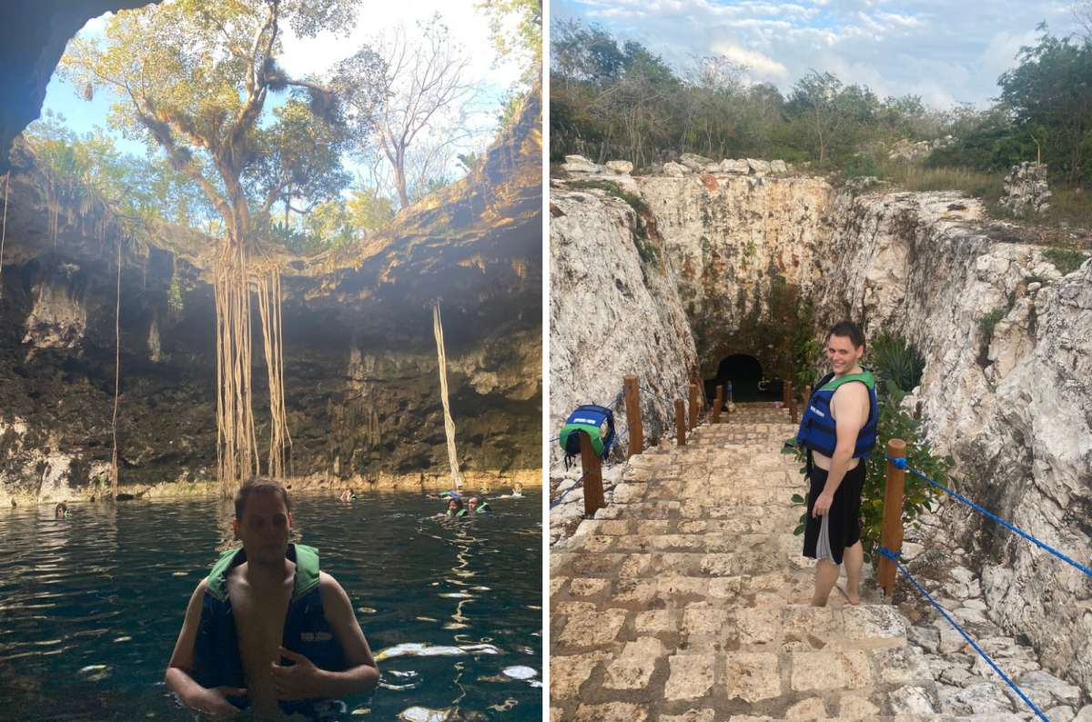 a collage of photos of a tourist posing in front and inside the cenotes in the Yucatán Peninsula, Mexico, photo by Next Level of Travel