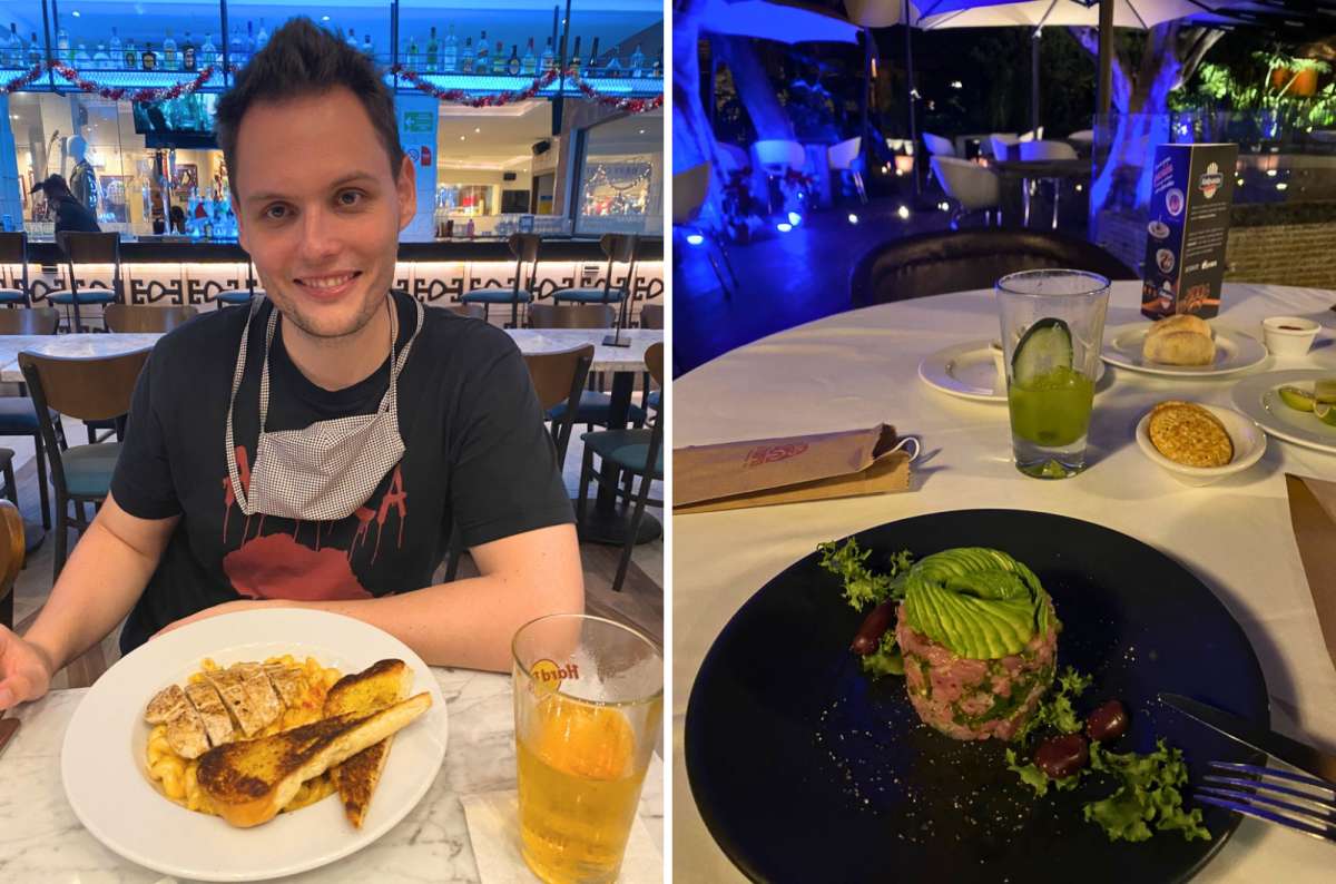 hoto of a restaurant meal with a drink on the left and a tuna tartare with avocado on the right, Mexico, photo by Next Level of Travel