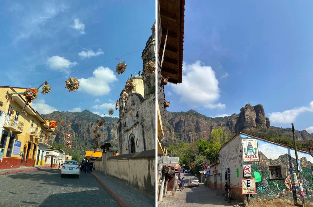 photo of a decorated street and a mural-covered restaurant with mountain peaks behind, Puebla, Mexico, photo by Next Level of Travel
